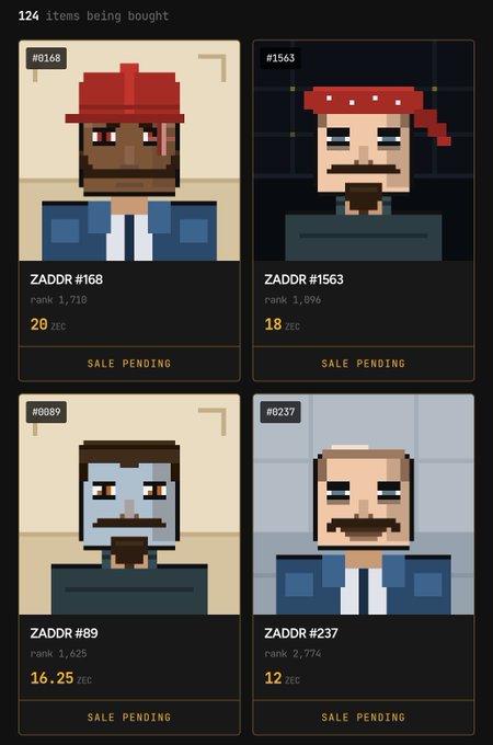 A screenshot showing a grid of pixelated NFT avatars labeled 'ZADDR' (#168, #1563, #89, #237) with ranks and prices in ZEC, all marked 'SALE PENDING', under a header reading '124 items being bought'.