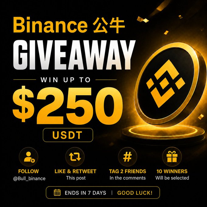 A Binance giveaway promotional graphic offering 10 winners up to $250 USDT, with instructions to follow @Bull_binance, like & retweet the post, and tag 2 friends in the comments within 7 days. The accompanying post expands on the entry requirements by specifying that participants should comment with their $BNB address, aligning with the giveaway's crypto prize theme.