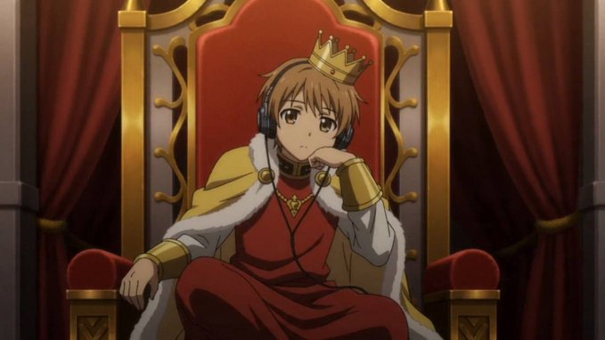 An anime character wearing a golden crown and headphones sits on a red and gold throne in royal attire, paired with a "gm friends and plebs" greeting to fit the casual crypto-style salutation.