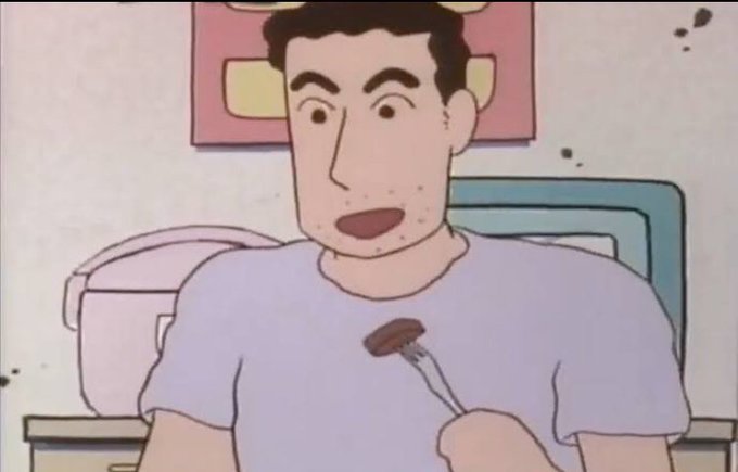 An animated scene of a surprised man in a light purple shirt holding a small brown object with tongs.