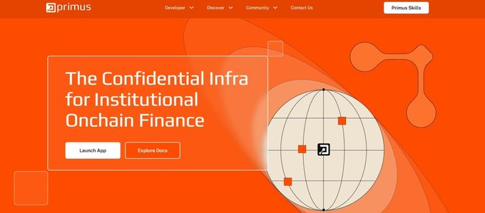 Website hero section for "Primus" with an orange background, titled "The Confidential Infra for Institutional Onchain Finance" with "Launch App" and "Explore Docs" buttons, featuring a wireframe globe graphic and navigation menu including Developer, Discover, Community, and Contact Us.