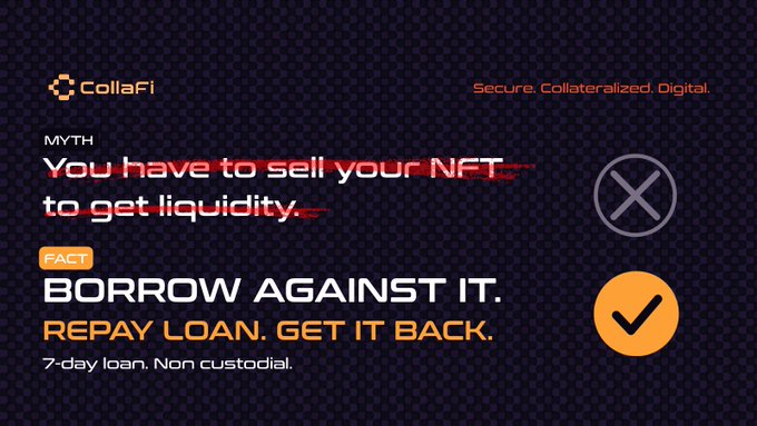 A CollaFi graphic labeled “Secure. Collateralized. Digital.” contrasts the myth “You have to sell your NFT to get liquidity.” with the fact “BORROW AGAINST IT. REPAY LOAN. GET IT BACK.” and “7-day loan. Non custodial.”