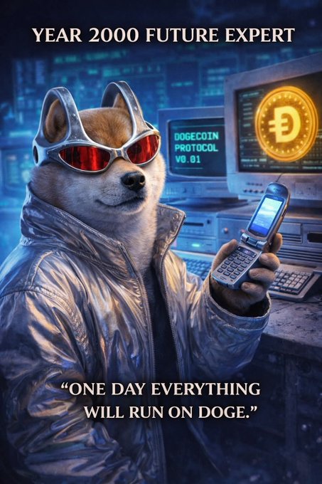 The image depicts a Shiba Inu dog dressed in futuristic silver attire with red-tinted wraparound sunglasses, holding a flip phone, set against a "DOGECOIN PROTOCOL V0.01" terminal displaying the Dogecoin logo. The text reads "YEAR 2000 FUTURE EXPERT" at the top and the caption "ONE DAY EVERYTHING WILL RUN ON DOGE" at the bottom. The retro-futuristic meme aesthetic perfectly complements the "Gm doge fam" post, playfully positioning Dogecoin as the inevitable backbone of future technology.