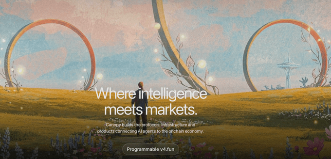 A serene landscape with circular ring structures and a distant tower features the text "Where intelligence meets markets" with a subheading about Canopy building protocols, infrastructure, and products connecting AI agents to the onchain economy, alongside "Programmable v4.fun." The image's futuristic, dreamy aesthetic visually reinforces the post's theme of $CNPY building a forward-looking ecosystem of programmable markets, autonomous agents, and onchain finance on Robinhood Chain.