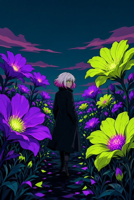 Anime-style illustration of a character with white and pink hair in a black coat standing among oversized glowing purple and yellow flowers under a dark twilight sky.