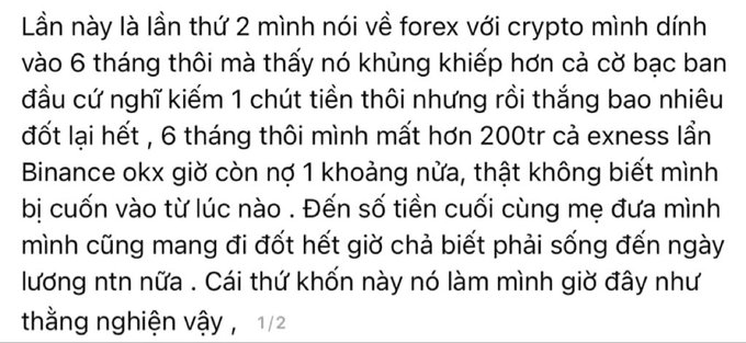A Vietnamese text post describing a personal story of losses in forex and crypto trading over six months, totaling over 200 million VND, comparing the experience to addiction.