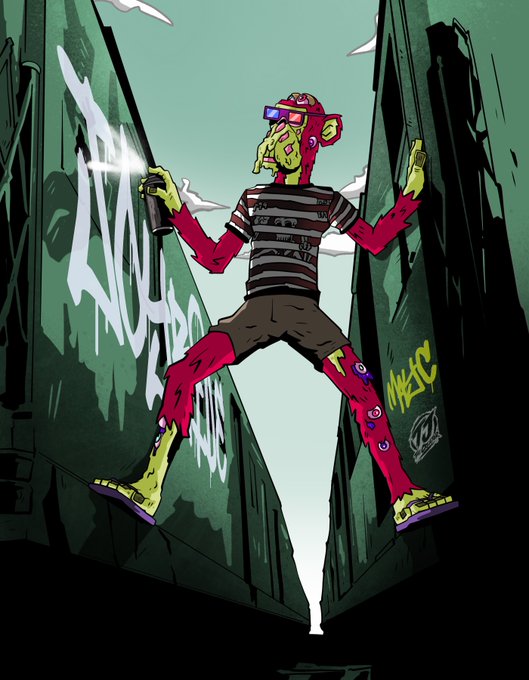 A colorful illustration of a zombie-like ape character wearing sunglasses and a striped shirt, holding a spray can and spray-painting 'WAGMI' on a dark green wall in an alley.