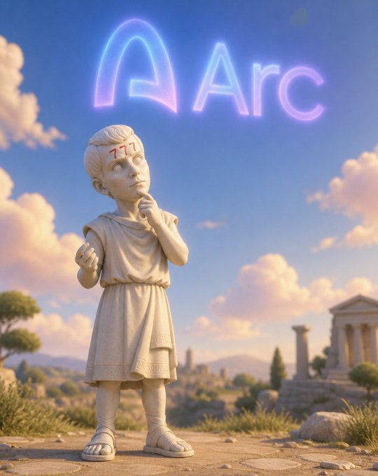 A marble statue of a thoughtful figure with "777" inscribed on its forehead stands before ancient ruins beneath a glowing neon "Arc" logo, symbolizing wisdom amid the launch of Circle's new blockchain. The juxtaposition of classical antiquity with modern neon imagery reflects the post's message about leveraging Arc's $701M Q2 revenue and partnerships with BlackRock, Visa, Mastercard, Standard Chartered, and MoneyGram to turn history's lessons into profit.