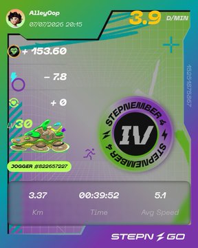 A StepN movement mode screen for user AlleyOop showing 3.39 G/MIN earnings with the StepN Albermarle IV sneaker, dated 07/07/2026.