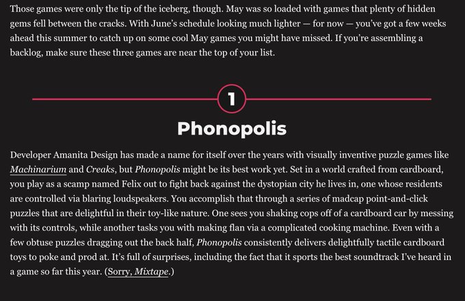 The image shows a black background with white text, including the title "Phonopolis" at the top of the page. Below the title, there are three bullet points providing information about Phonopolis. The first point states that Phonopolis is a game developed by Amnesia Design and published by Machinarium. The second point mentions that Phonopolis is a visually innovative puzzle game with a focus on visual puzzles. The third point highlights that Phonopolis has been described as the best soundtrack in a game this year, suggesting its popularity or quality.