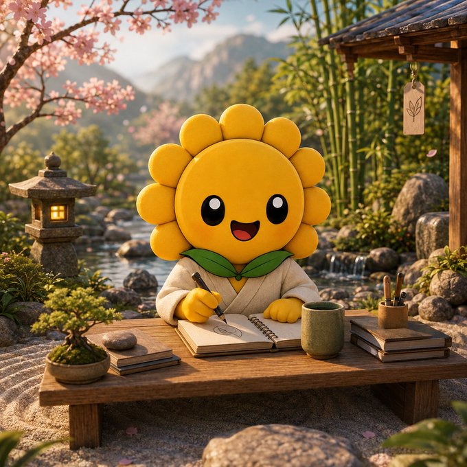 A 3D-rendered cartoon sunflower character wearing a robe, writing in a notebook at a wooden desk in a serene Japanese-style garden with cherry blossoms, a stone lantern, and bamboo.