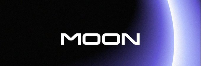 The image features the word "MOON" in white capital letters against a dark background with a glowing blue crescent on the right side, representing the brand's logo. This ties into the post promoting Moon's 24/7 trading platform with 1000x leverage, using the striking visual to reinforce the platform's name and futuristic, around-the-clock trading identity.