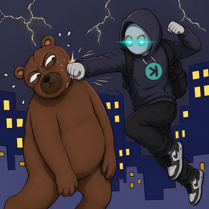 A hooded figure with glowing cyan eyes and an "XR" logo punches a stunned teddy bear against a stormy city skyline, evoking a dramatic "crypto knockout" scene. The illustration humorously symbolizes the post's celebration of sending SOL/USDC tips to wallet-tracking legends on-chain.