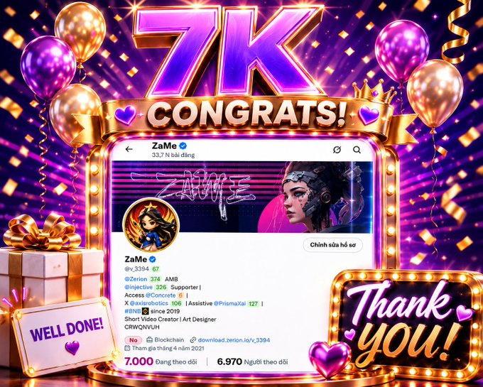A celebratory '7K CONGRATS!' graphic featuring gold and purple balloons, a 'Thank you!' sign, and a Twitter/X profile screenshot for 'ZaMe' (@v_3394_67) with 7,000 followers, along with text 'WELL DONE!'.