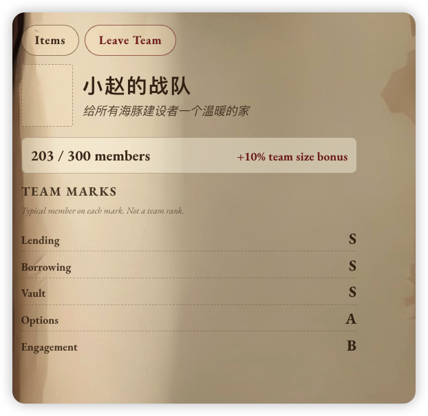 A team interface in Chinese titled '小赵的战队' (Xiao Zhao's Team) with 203/300 members and a +10% team size bonus, showing team marks: Lending S, Borrowing S, Vault S, Options A, Engagement B.