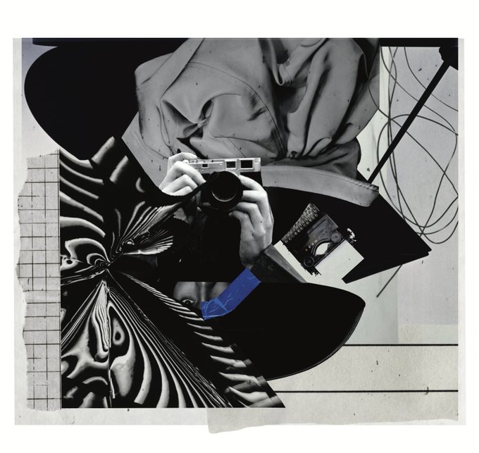 A black-and-white surrealist collage showing a headless figure holding a camera, with a blue hand, surrounded by abstract shapes, fabric, and a grid pattern.
