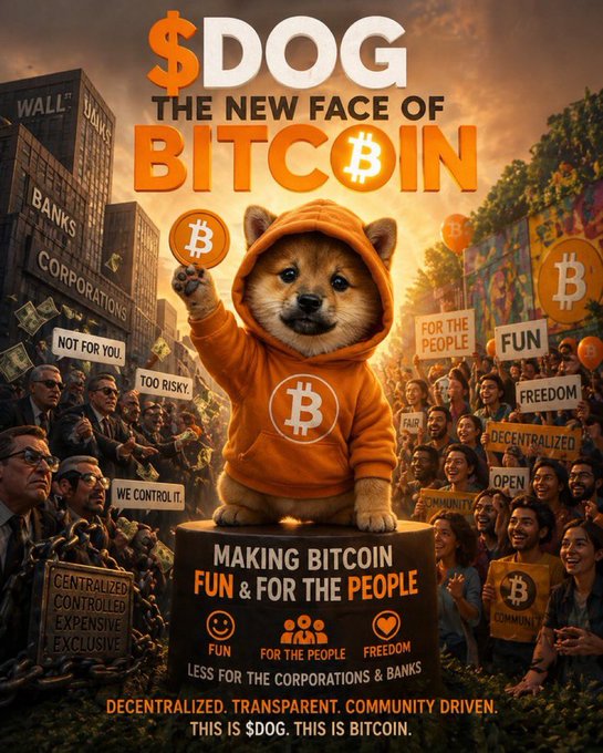 A promotional poster for '$DOG' cryptocurrency featuring a Shiba Inu puppy in an orange Bitcoin hoodie holding a Bitcoin coin, with text reading 'THE NEW FACE OF BITCOIN' and 'MAKING BITCOIN FUN & FOR THE PEOPLE.'