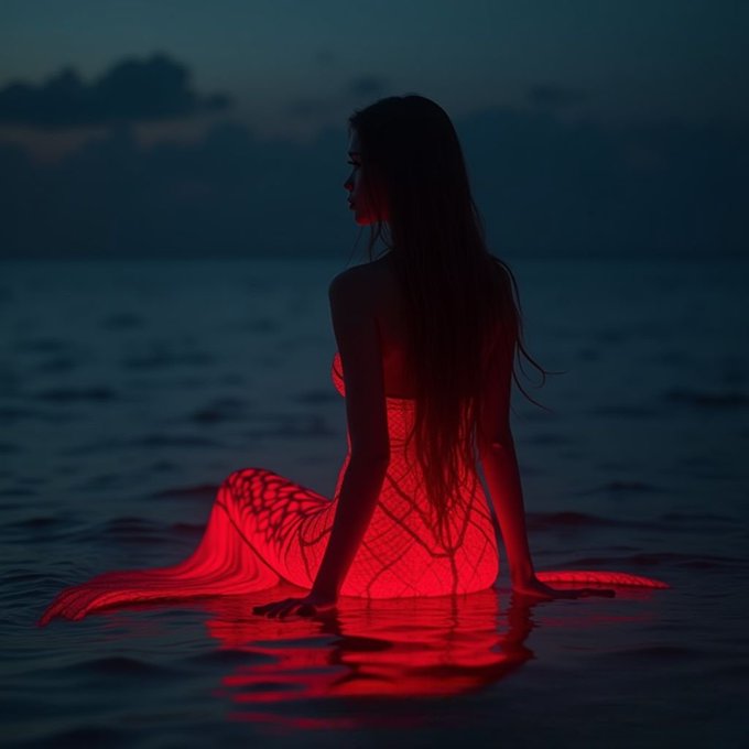 A moody, low-light photograph of a woman in a glowing red mesh dress sitting in shallow water, looking away into the dark distance.
