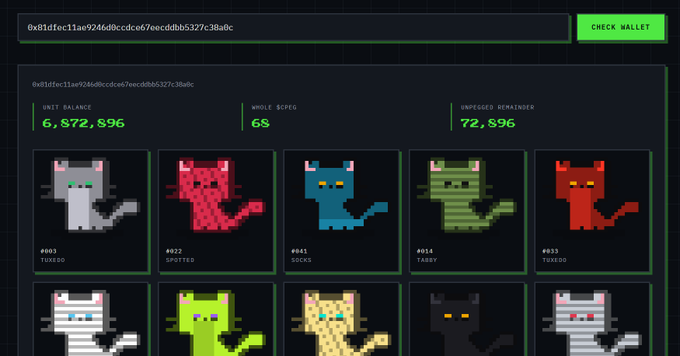 A screenshot of a CryptoKitties-style NFT marketplace interface displays a user's wallet balance of 6,872,896 and 72,596 unpegged remaining, along with a collection of pixelated cat avatars numbered #003 through #033 with traits like TUXEDO, SPOTTED, SCARED, TABBY, and TOYED. The "CHECK WALLET" button and hexagonal wallet address (0x81dfec11ae9246d8ccdce67eecddb5327c38a8c) confirm this is a blockchain gaming platform, aligning with the announcement that "Rarities are now LIVE" as the marketplace launches.