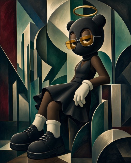 A painting of a black bear-like character with a halo, wearing yellow-tinted glasses, a black dress, and chunky black shoes.