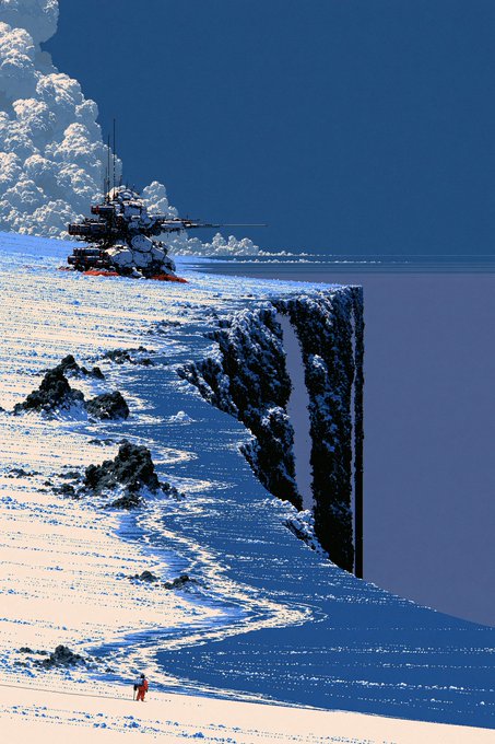A massive mechanical structure sits atop a sheer snow-covered cliff edge under a vast blue sky, dwarfing a tiny figure in red below. The scene evokes the concept of a "frontier protocol"—a lone explorer confronting an imposing, otherworldly outpost at the boundary of the known world.