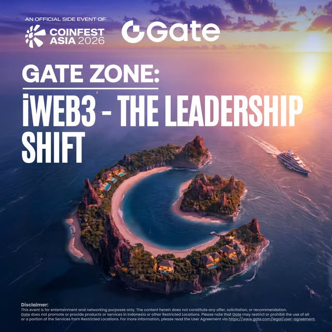 A promotional poster for "GATE ZONE: iWEB3 - THE LEADERSHIP SHIFT," an official side event of CoinFest Asia 2026, featuring a sunset ocean scene with a boat and a curved island, plus a disclaimer about restricted services.