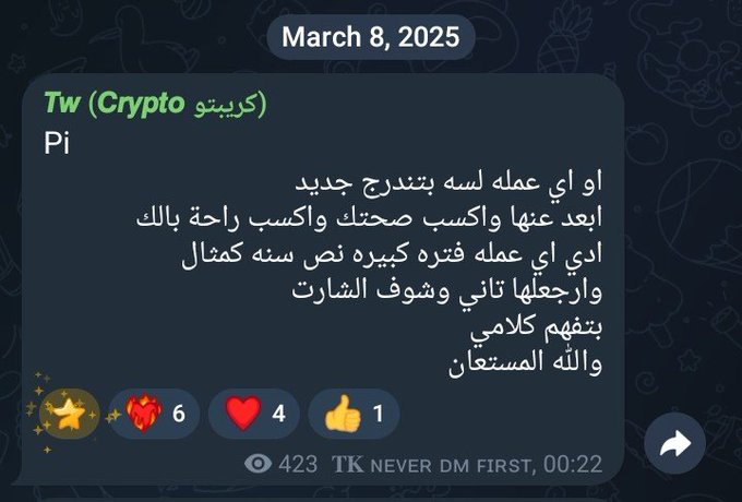 A Telegram channel post dated March 8, 2025 titled 'Tw (Crypto كريبتو)' about 'Pi' written in Arabic, mentioning it as the first free currency with high profit, ending with prayer, with 423 views and reaction counts shown.
