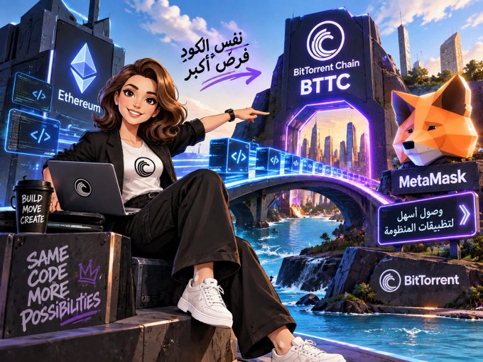 A digital illustration shows a confident woman with a laptop pointing toward a glowing BitTorrent Chain (BTTC) portal alongside Ethereum and MetaMask branding, with Arabic text translating to "the same code, bigger opportunity" and English text reading "Same code, more possibilities"—visually reinforcing the post's message that EVM compatibility lets developers port existing Ethereum code to BTTC without rewriting from scratch.