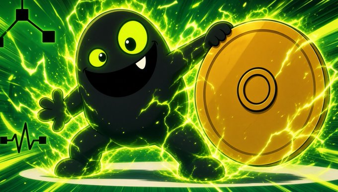 A cartoon black blob character with glowing green eyes smiles triumphantly while holding a golden coin shield, surrounded by vibrant green lightning effects and tech-inspired icons in the background—visually capturing the "God-mode activated" resilience of $Bellivore as the meme coin that charges forward when the market gets tough.