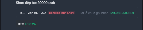 A dark-themed trading interface in Vietnamese showing a short position on BTC with 20X leverage, displaying an unrealized profit of "+29,038,33USDT" and BTC at "+0,07%" in green.