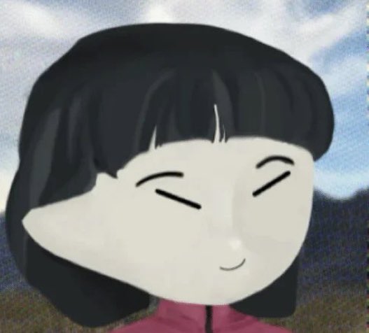 A stylized animated-style portrait of a woman with short black hair and closed eyes smiling, set against a blurred mountain landscape background.