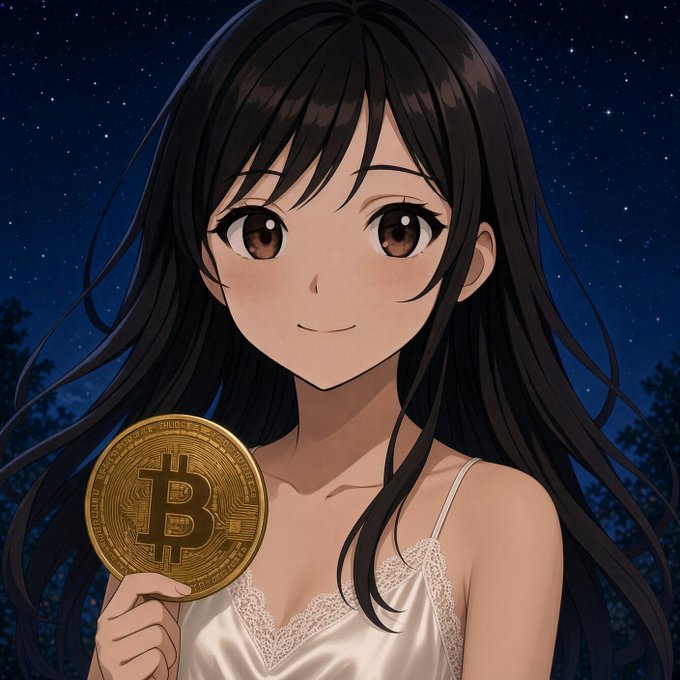 An anime-style illustration of a smiling young woman with long dark hair in a white lace dress, holding a gold Bitcoin coin against a starry night sky.