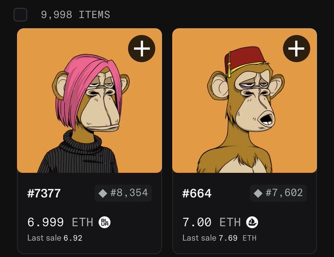 A NFT marketplace screenshot showing two Bored Ape Yacht Club-style cartoon monkey avatars (#7377 and #664) listed at 6.999 ETH and 7.00 ETH, with the collection displaying 9,998 items.