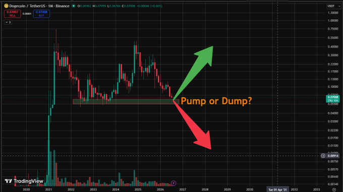 A TradingView chart for 'Dogecoin / TetherUS' on Binance showing price history from 2021 to 2027, with a green arrow pointing up and a red arrow pointing down from a recent price point, accompanied by the text 'Pump or Dump?'.