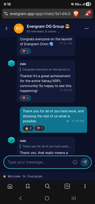 A screenshot of an Evergram chat group message thread featuring the "Evergram OG Group" with 63 members, where "mdx" is congratulating everyone on the launch of "Evergram Orion" and thanking the Xahau/XRPL community for the achievement.