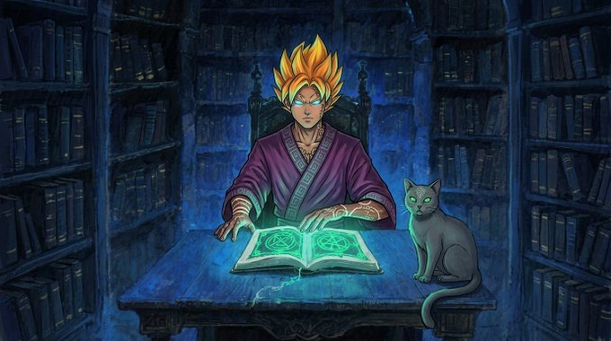 A fantasy digital illustration of a spiky-haired character resembling Super Saiyan Goku wearing a purple robe, sitting at a wooden table in a library with a glowing magical book, accompanied by a gray cat.
