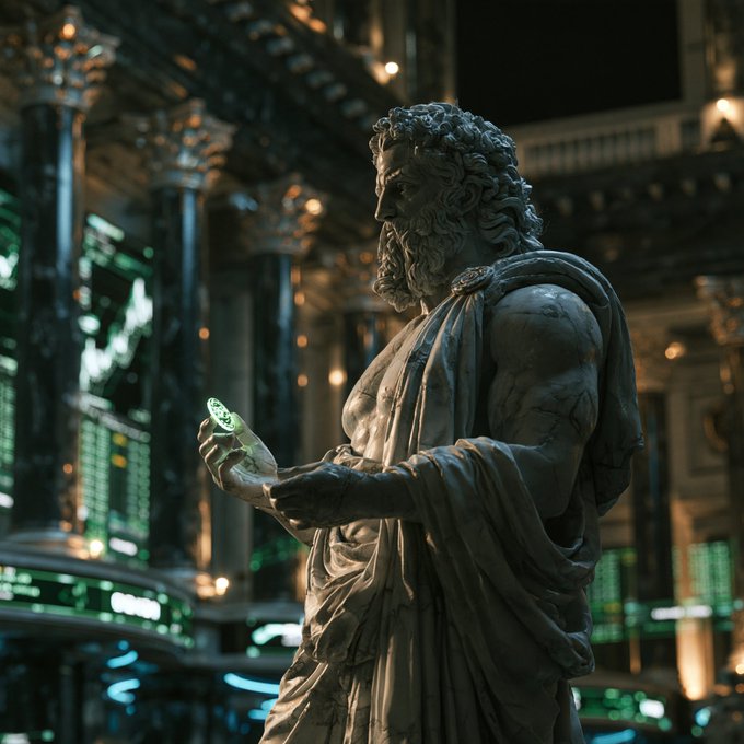 A cinematic depiction of a classical stone statue of a bearded figure holding a glowing green dollar bill, set against a dark, ornate architectural background with illuminated columns.