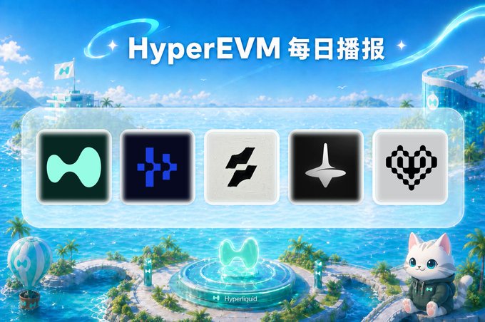 A vibrant tropical-themed graphic titled 'HyperEVM 每日播报' (HyperEVM Daily Broadcast) shows five app icons over a Hyperliquid island scene with a cartoon cat mascot.