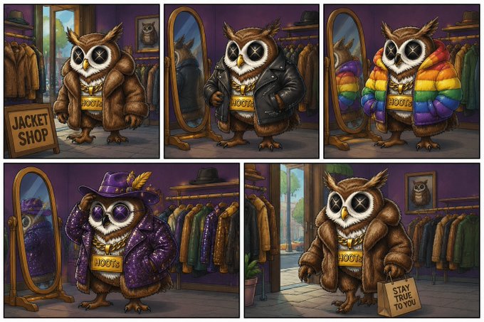 A comic-style illustration showing an owl character with '1001$' on a gold chain trying on various jackets in a shop, with scenes labeled 'JACKET SHOP' and 'STAY TRUE TO YOU'.