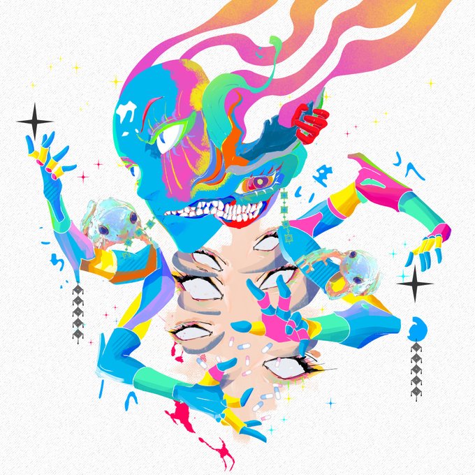 A vibrant, colorful digital illustration featuring a stylized blue face with sharp teeth surrounded by multiple multi-colored hands, additional eyes, and floating ornaments against a white background.