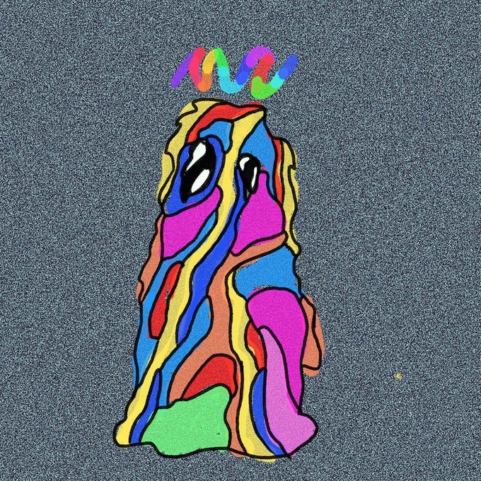 A colorful cartoon-style drawing of a blob-like figure with rainbow colors, black eyes, and a rainbow crown, set against a gray textured background.