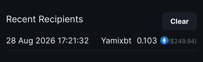 A dark-themed "Recent Recipients" screen displays a transaction dated 28 Aug 2026 17:21:32 to "Yamixbt" for 0.103 ETH (≈$249.94), confirming the $250 crypto transfer referenced in the message.