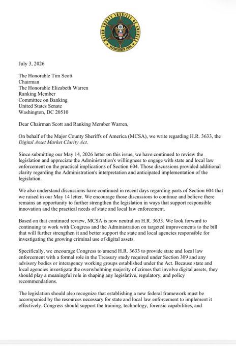 An official letter dated July 3, 2026, on Major County Sheriffs of America letterhead addressed to Chairman Tim Scott and Ranking Member Elizabeth Warren regarding H.R. 3633, the Digital Asset Market Clarity Act.