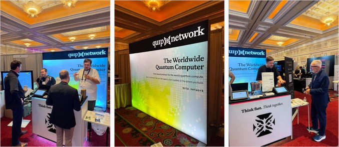 A composite of three photos showing a 'qup network' booth at a conference, with banners reading 'The Worldwide Quantum Computer' and 'Think fast. Think ropeinc'.