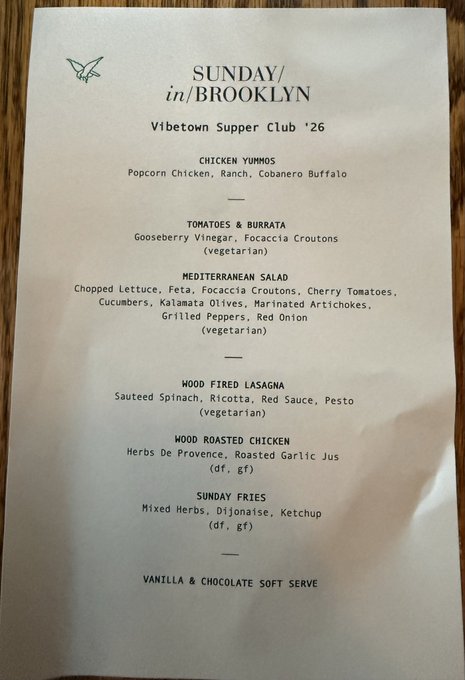 A menu for 'SUNDAY in BROOKLYN' Vibetown Supper Club '26 featuring dishes like Chicken Yummus with Popcorn Chicken, Tomatoes & Burrata, Mediterranean Salad, Wood Fired Lasagna, Wood Roasted Chicken, Sunday Fries, and Vanilla & Chocolate Soft Serve.
