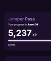 A screenshot of a mobile game interface displaying a 'Jumper Pass' with progress at 5,237 XP out of 34,000 to Level 35.