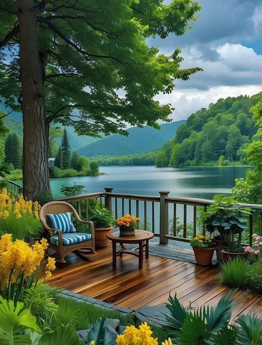 A serene wooden deck overlooking a calm lake with mountains and forest in the background, featuring a wicker chair with blue striped cushions, potted plants, and yellow flowers.