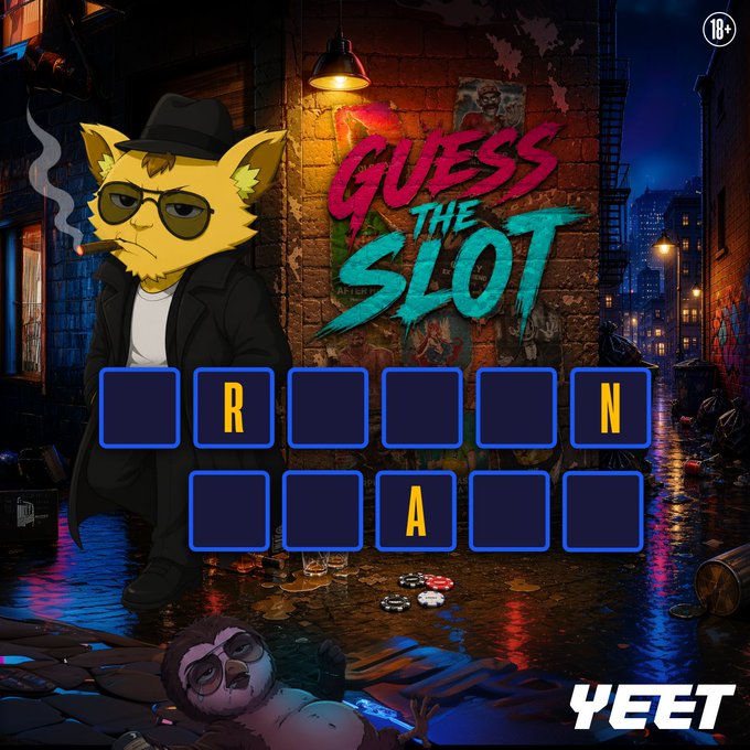 A word puzzle game titled "GUESS THE SLOT" by YEET features a cartoon cat in a fedora and trench coat standing in an alleyway, with a partially filled board showing the letters R, N, and A.