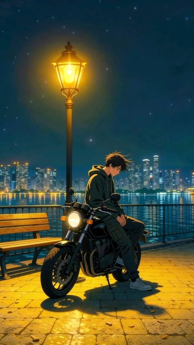 Anime-style illustration of a young man sitting on a motorcycle under a glowing street lamp at night, with a city skyline reflecting across the water behind him.