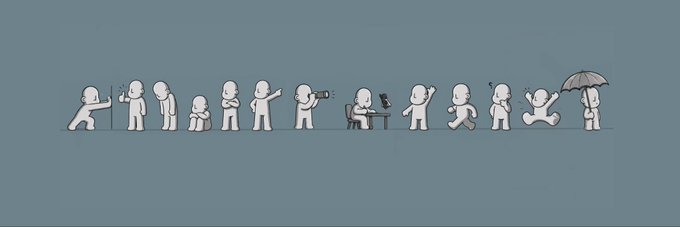 A minimalist illustration shows a lineup of white cartoon figures on a teal background engaged in various activities, including a martial artist, musicians playing instruments like a guitar and drums, a person with an umbrella, and others in different poses.